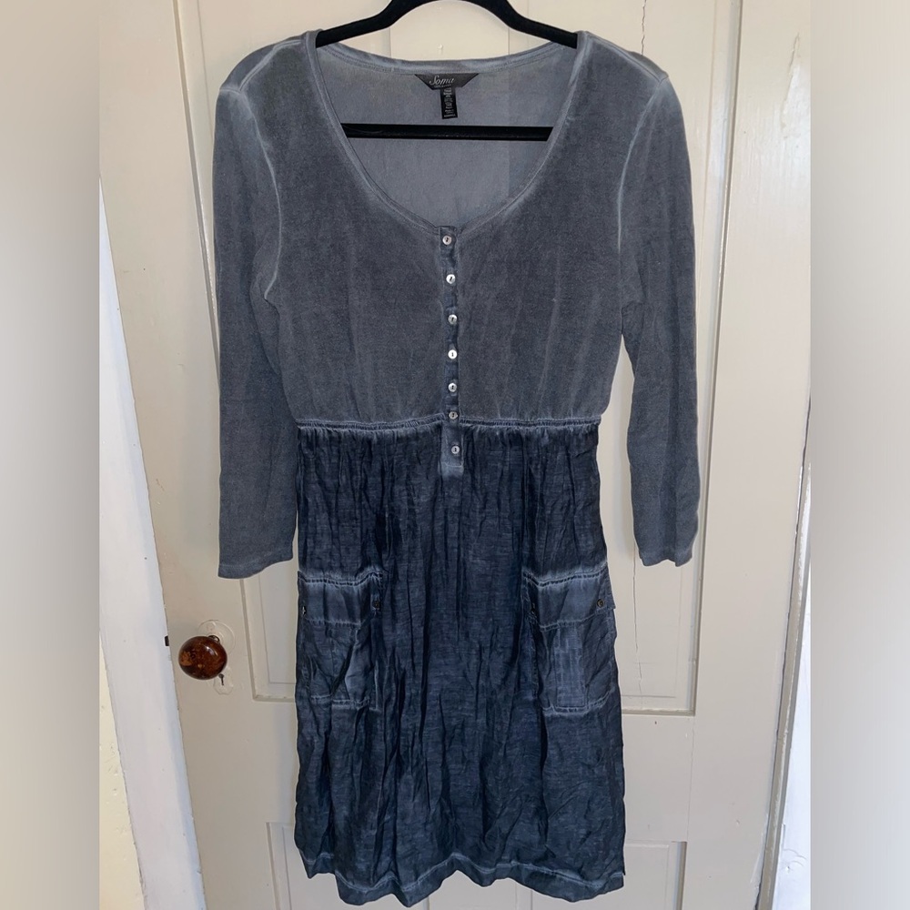 Soma Long Sleeve Scoop Neck Sundress Double Lined Adjustable Straps Button Up